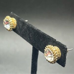 clear crystal rhinestone textured gold tone stud earrings vintage style